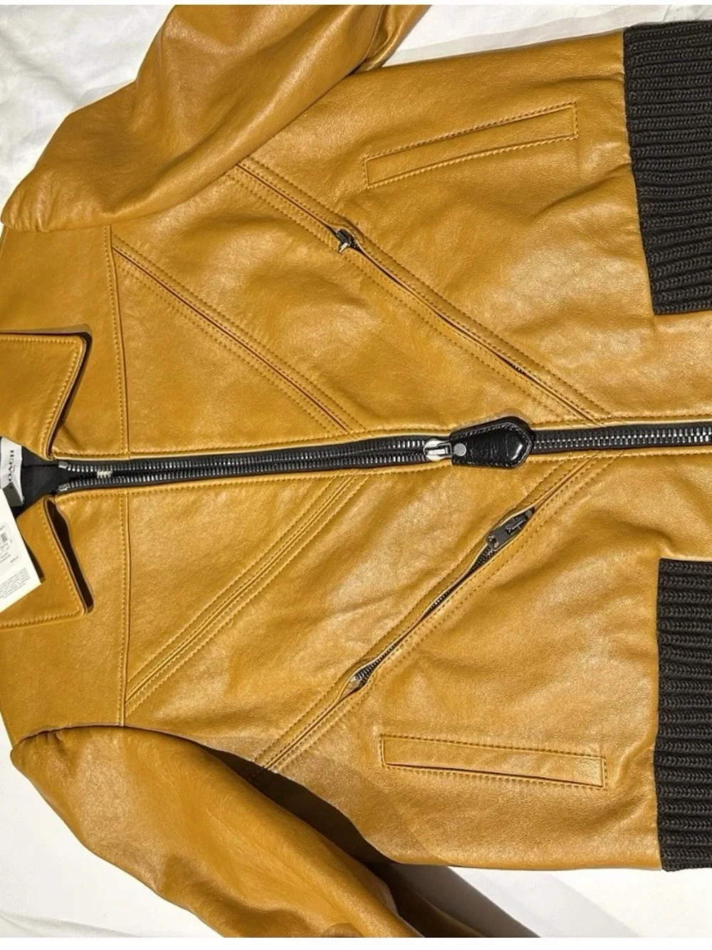 Coach Women's Cognac Leather Bomber Jacket with Dark Rib Hem - Picture 4 of 7